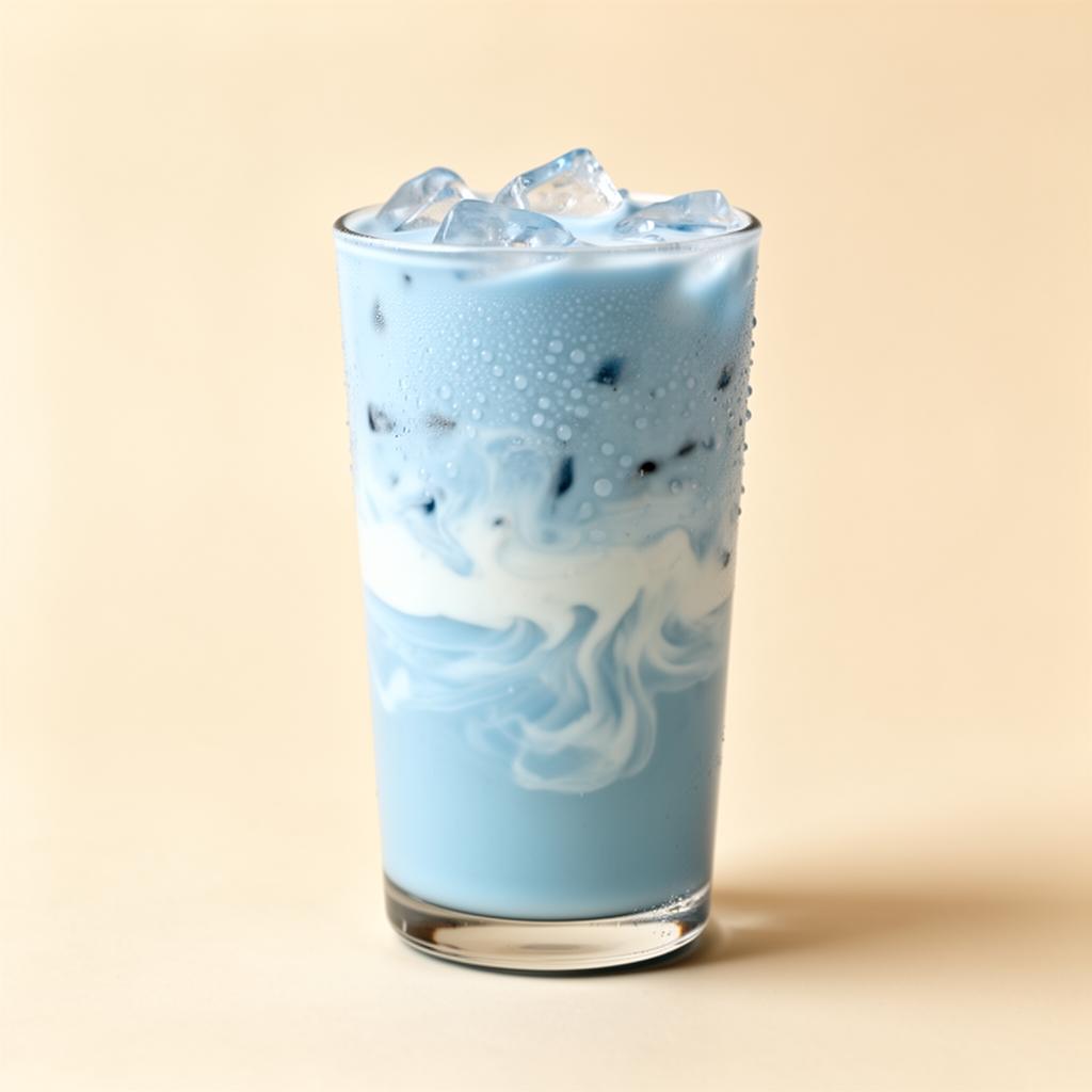 Blue latte glacé crémeux servi dans un grand verre