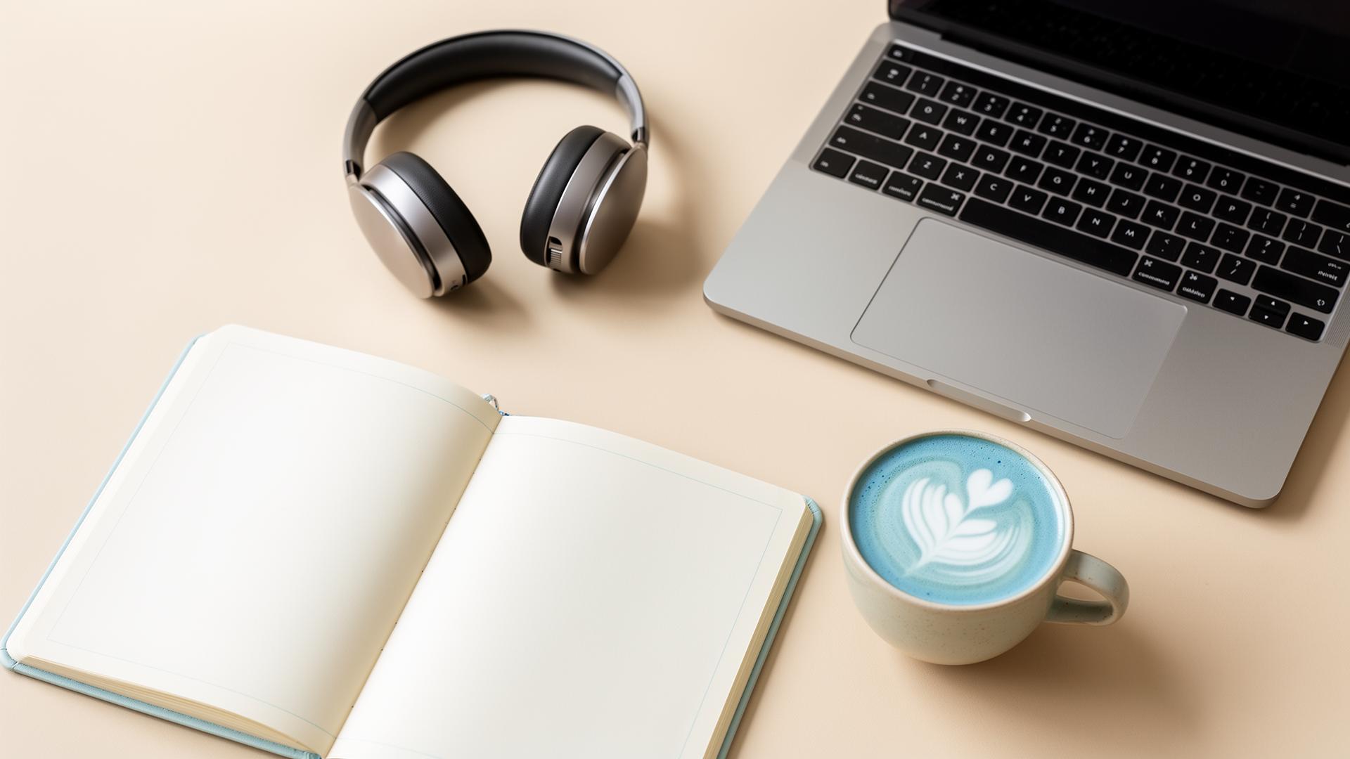 Bureau créatif paisible avec carnet, casque et un blue latte pastel